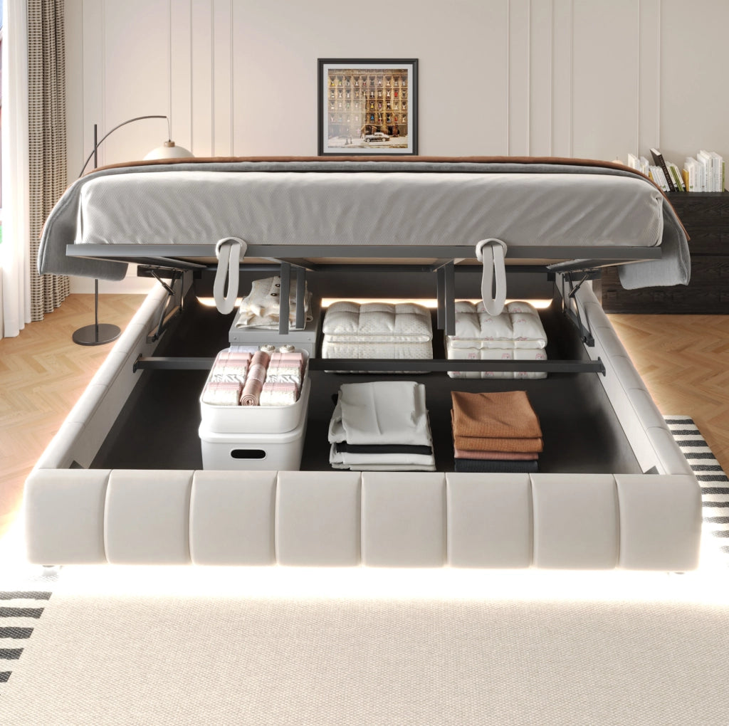 Letto imbottito 180x200 cm con contenitore e LED in flanella beige