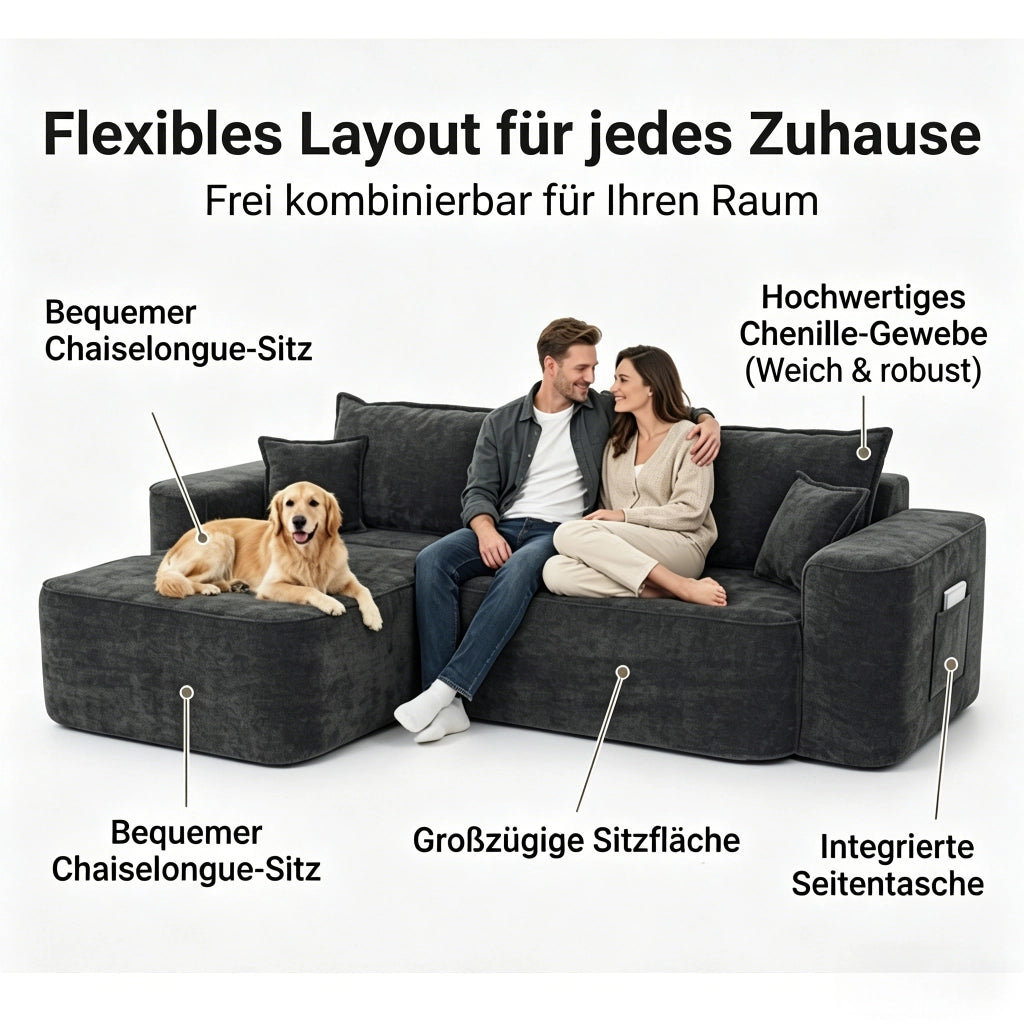 Divano angolare modulare con chaise longue, senza montaggio, tasche laterali, in Ciniglia Nero 262 cm