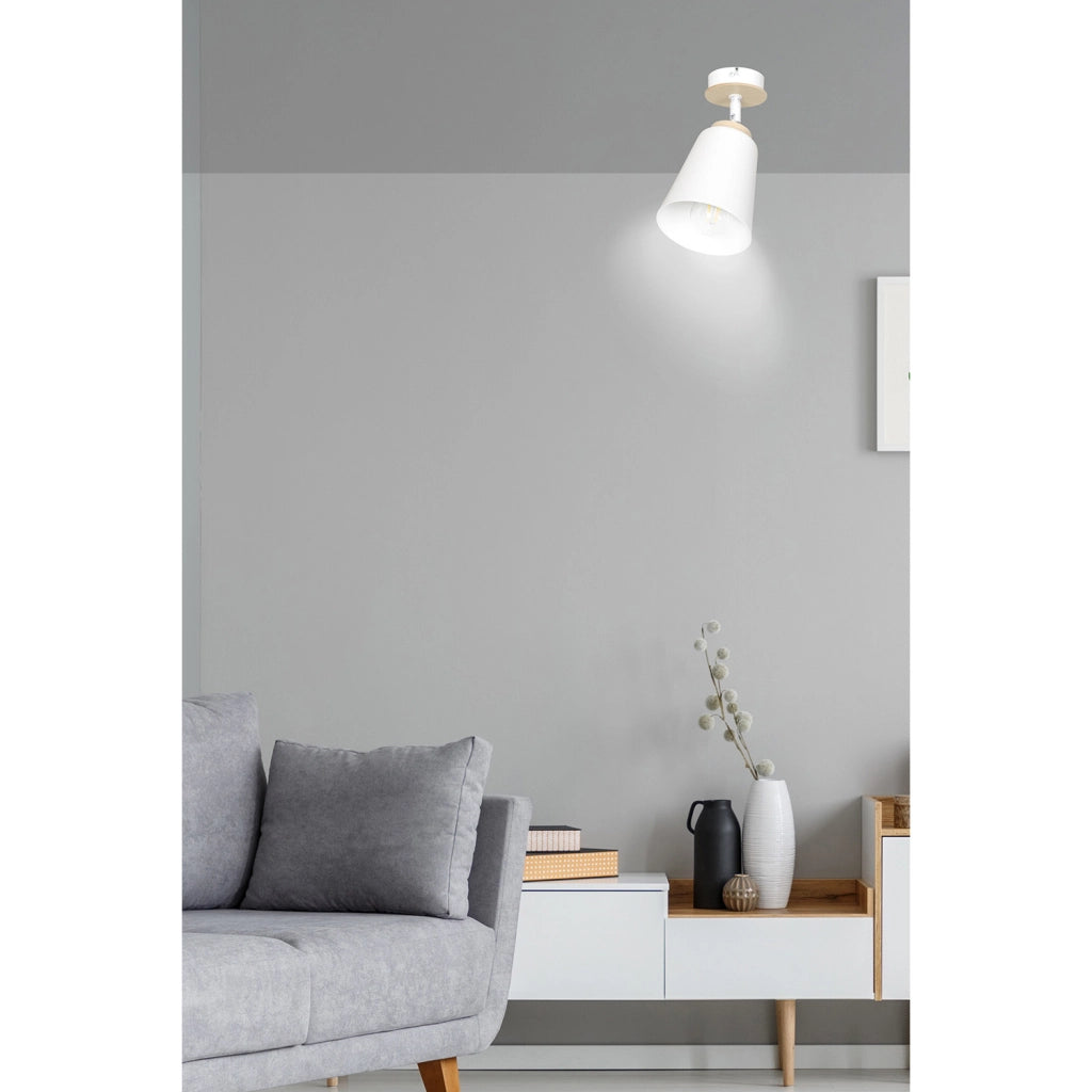Plafoniera A Faretto Spot 1 Luce In Acciaio Bianco E Legno Naturale
