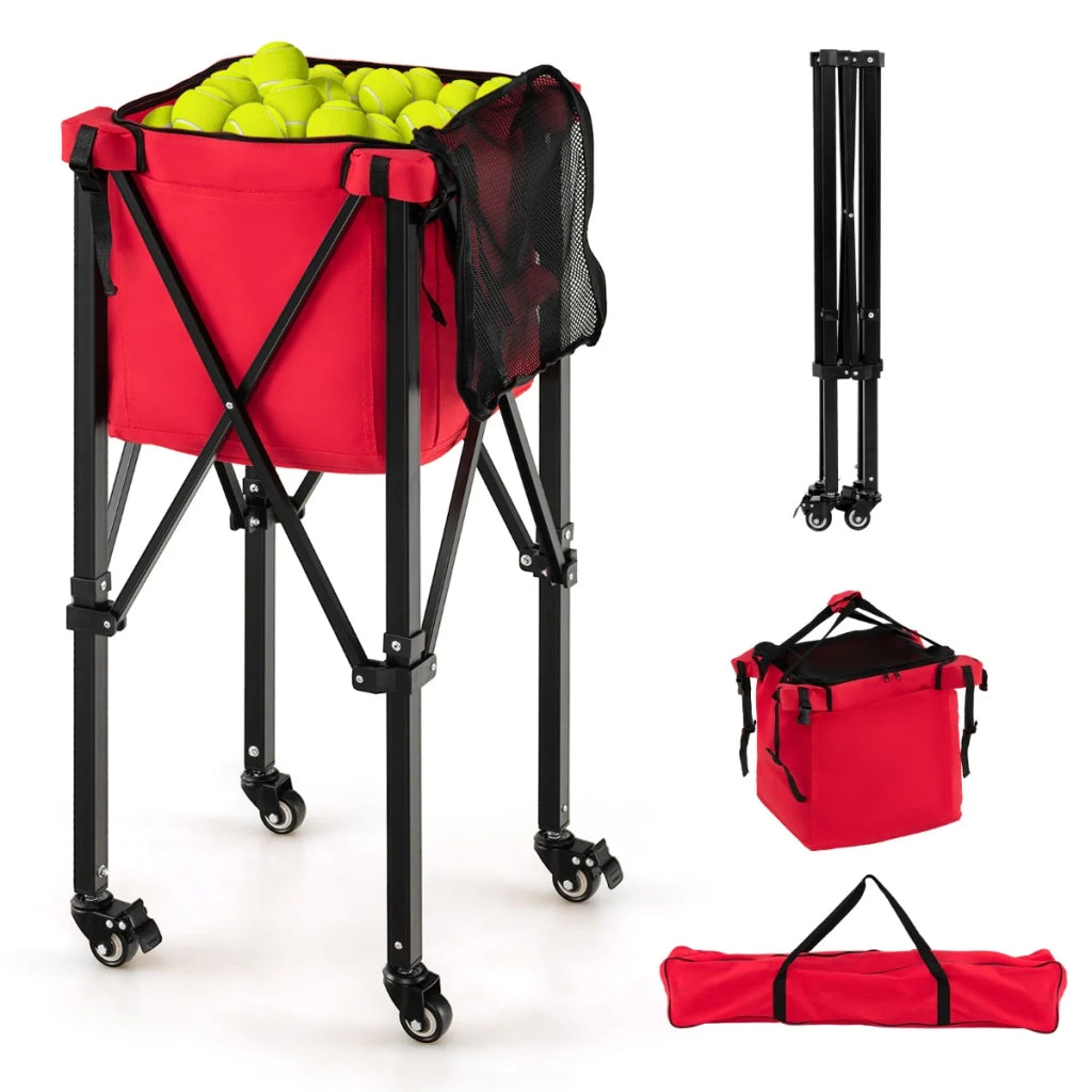 Carrello porta palline da tennis pieghevole 40 x 40 x 92 cm capacità 150 palline 4 ruote universali design moderno in alluminio rosso 20_0011317