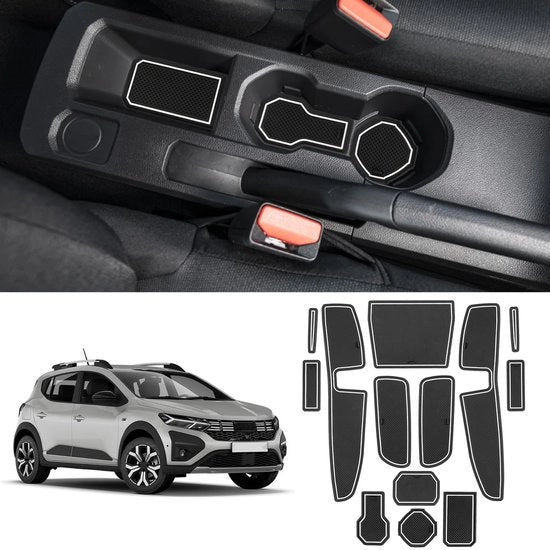 Materassini antislip per Dacia Sandero 3 Sandero Stepway 3 2021-2024, materassini in gomma per console centrale, portiere, borsa porta bibite, Dacia Sandero materassini antislip in gomma (bianchi)