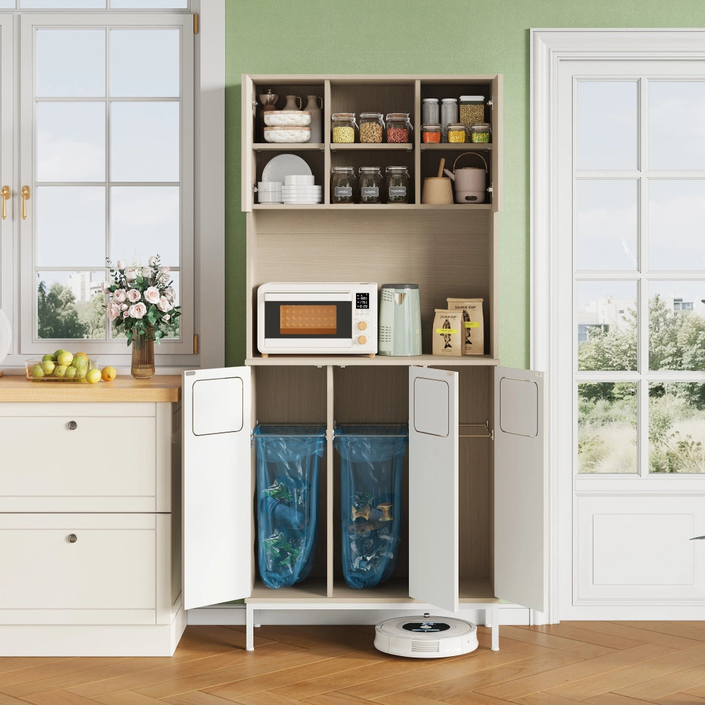 Colonna da cucina con vano rifiuti e ripiano per microonde in MDF effetto legno chiaro bianco 80 × 35 × 181 cm