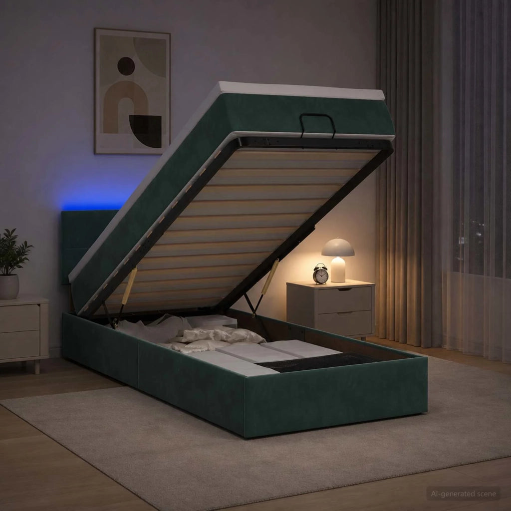 Letto Ottomano con Materasso e LED Verde Scuro 100 x 200 cm 3457122