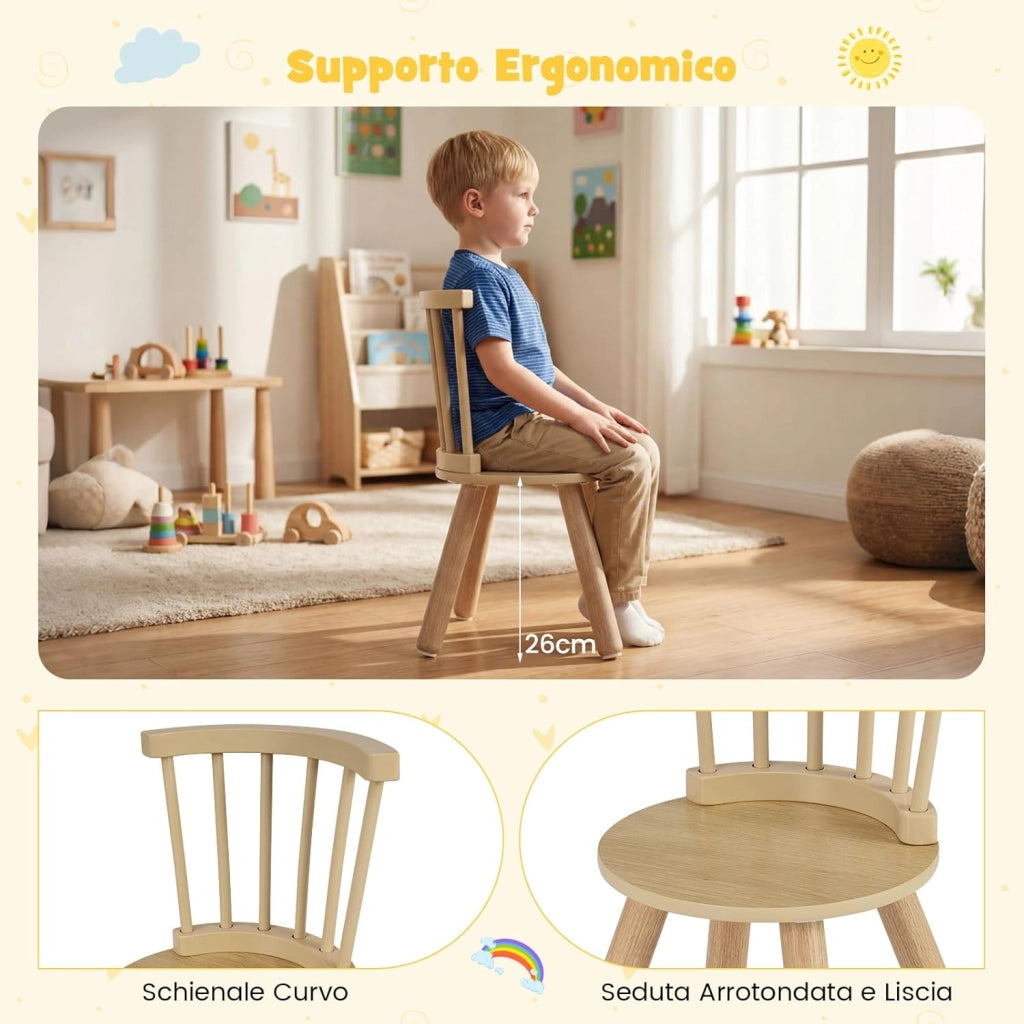 Set Tavolo e 2 Sedie per Bambini, Tavolo Attività con Schienali a Spindola Curvi, Sedute Rotonde e Gambe in Legno Massello, Tavolino per Bambini 3+ Anni per Disegno, Gioco e Studio (Naturale)