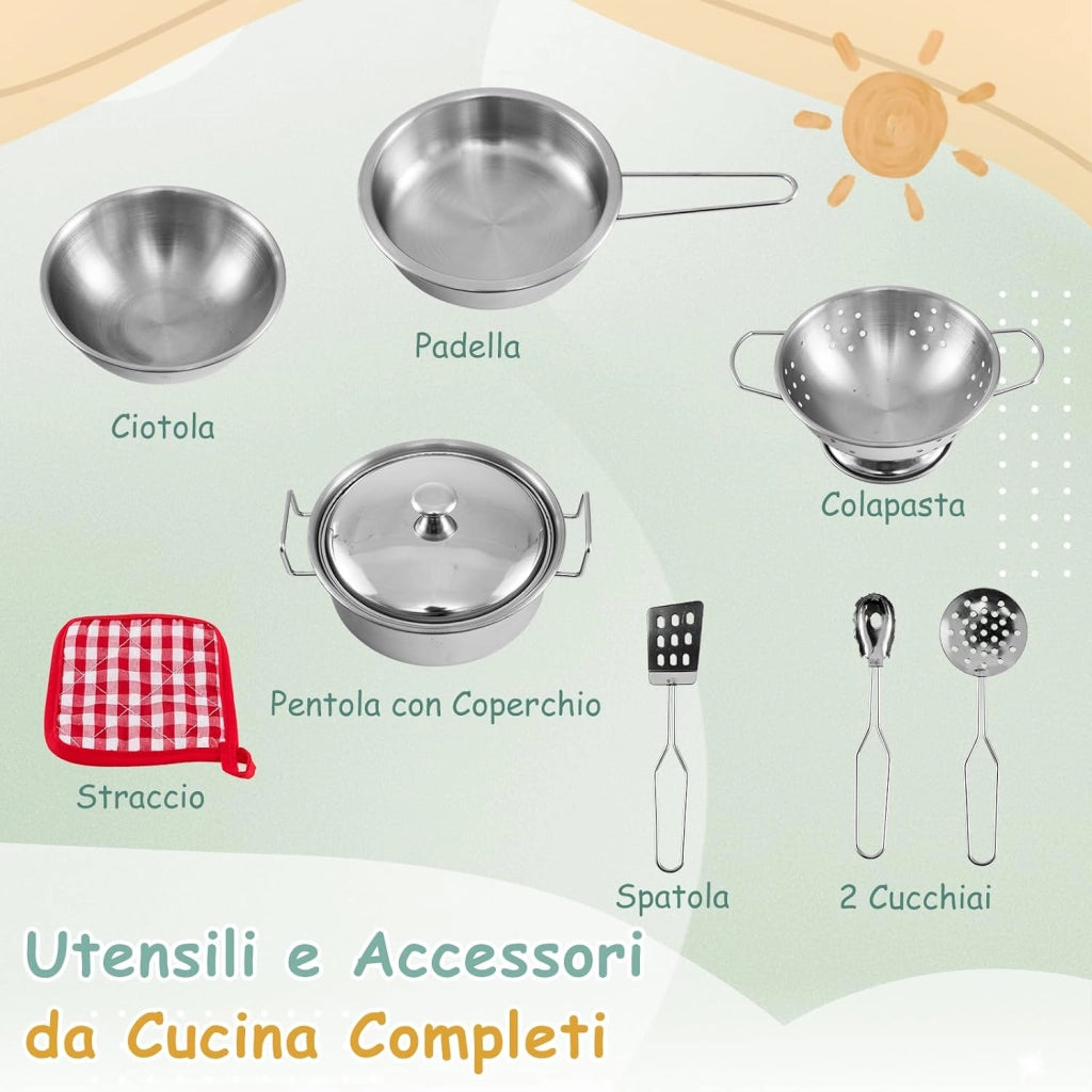 Cucina Giocattolo per Giardino con Vaso da Piantinaggio Trasparente, Rubinetto e Lavandino Rimovibile, Cucina in Legno di Abete per Bambini, Set Cucina con 8 Accessori (Verde e Arancio)