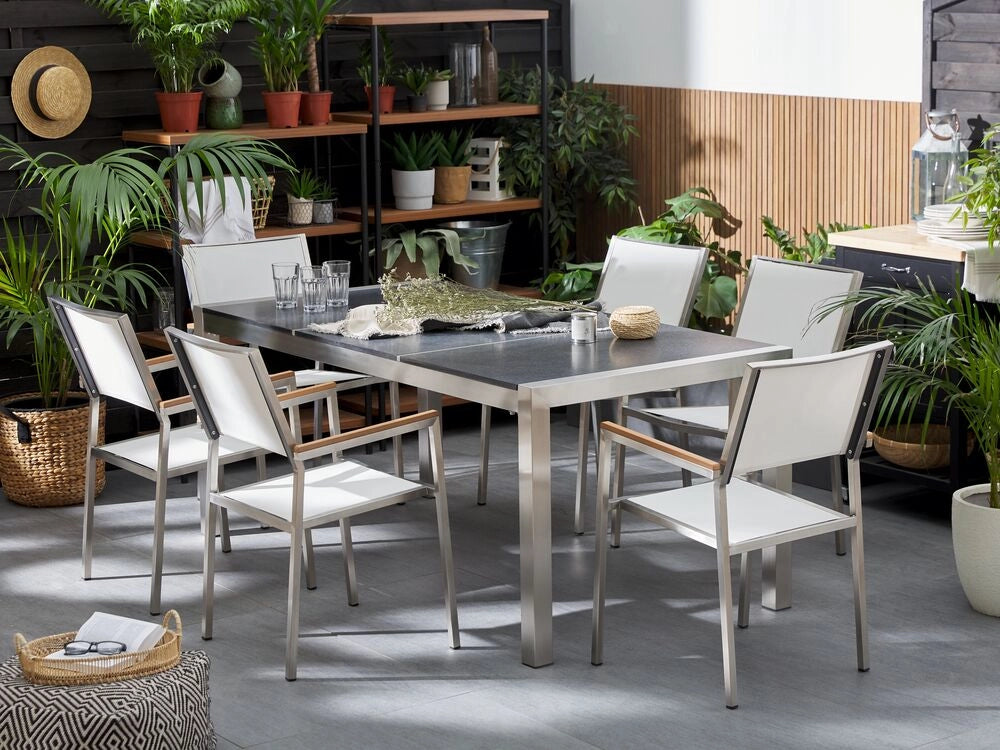 Tavolo Giardino Basalto Fiammato Nero Gambe in Acciaio Inox 180 x 90 cm