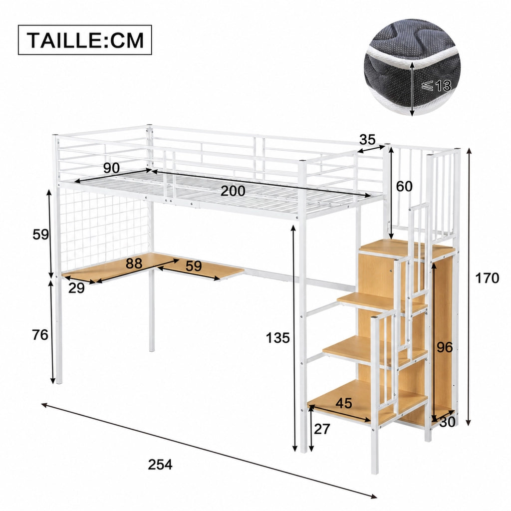 LETTO A CASTELLO IN METALLO CON ARMADIO INTEGRATO 90x200 cm BIANCO/NATURA