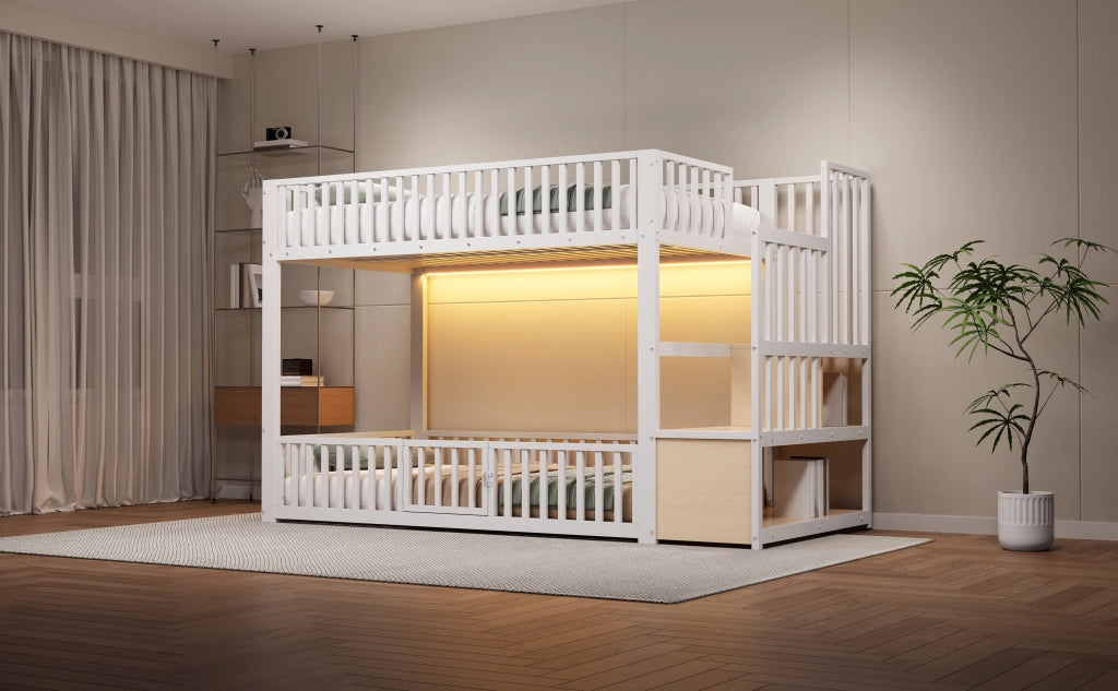 Letto a castello 90x200 con scala contenitore, luci LED, Bianco
