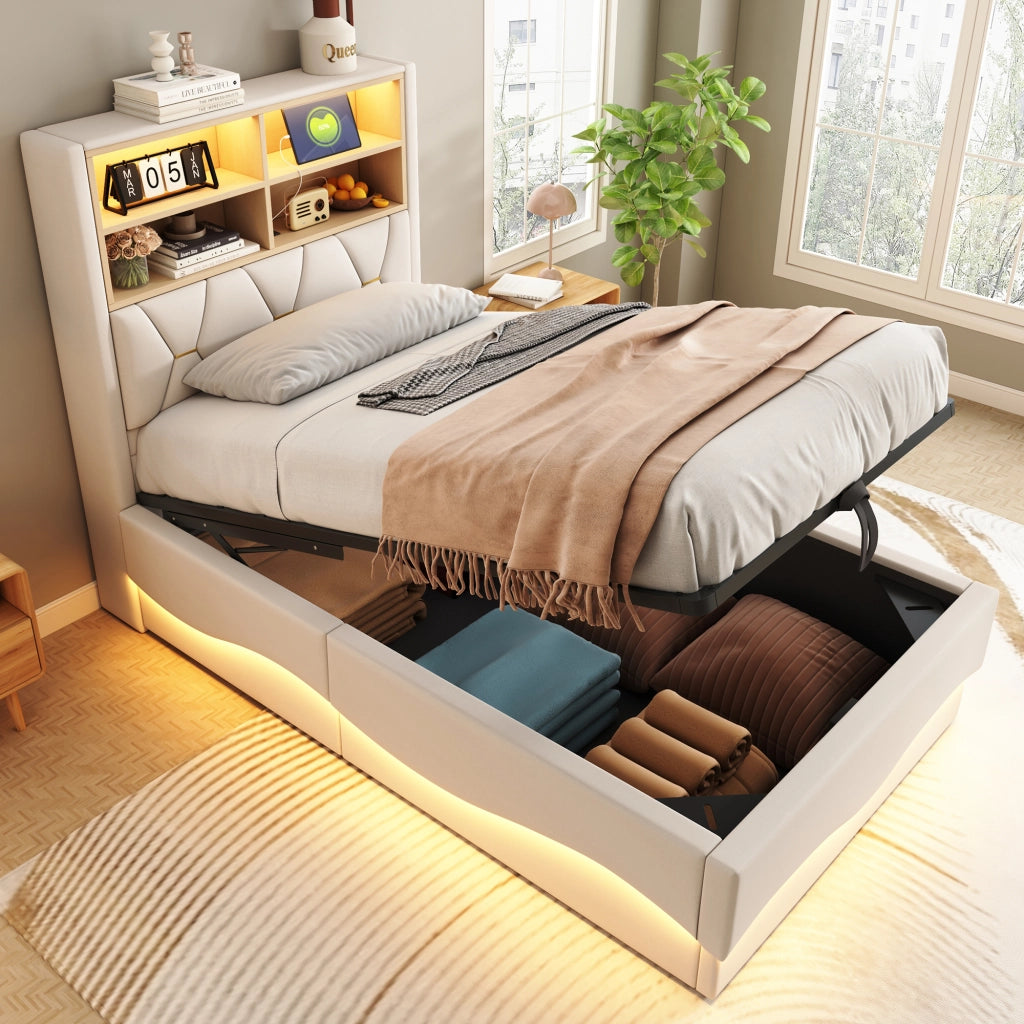 DESMIU Lit enfant 90 × 200 cm con LED, USB, vano contenitore, senza materasso, beige