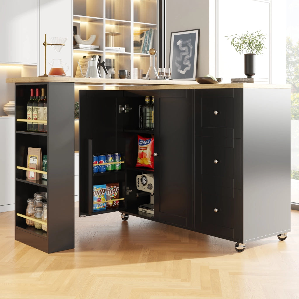 OKWISH Mobile Bar con 2 Ante 3 Cassetti e 3 Ripiani, Girevole a 360° e con Ruote, per Cucina e Sala da Pranzo, Nero