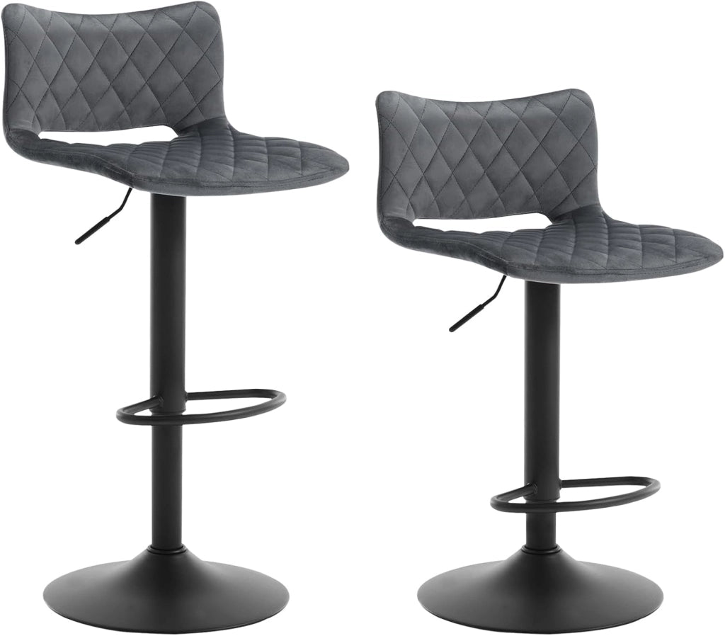 Set di 2 Sgabelli da Bar, Sedie Alte da Bar Regolabili in Altezza, Sgabelli per Isola Cucina Girevoli, con Schienale e Poggiapiedi, Sgabelli Imbottiti in Velluto, Grigio Scuro, BH392dgr-2