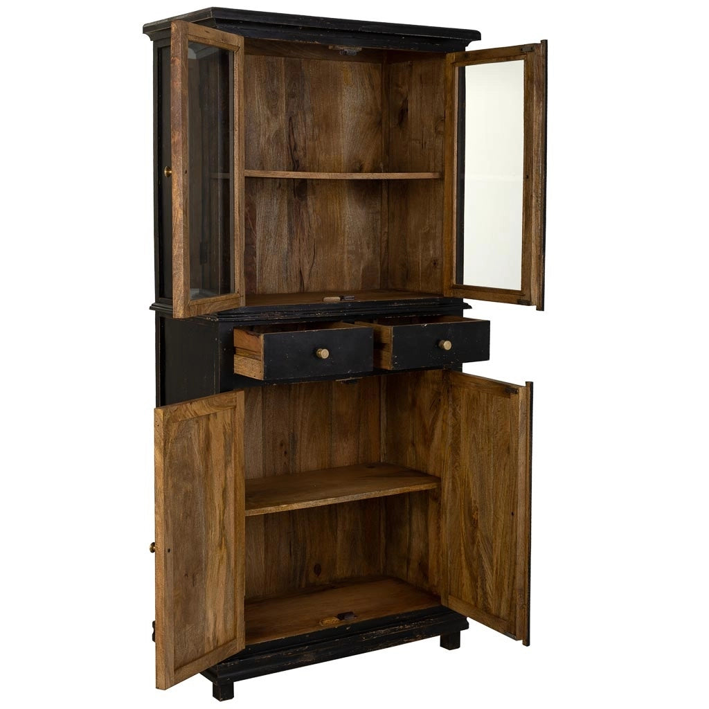 Vetrina in legno e vetro rifinita artigianalmente con 4 ante e 2 cassetti nera 85x40x180