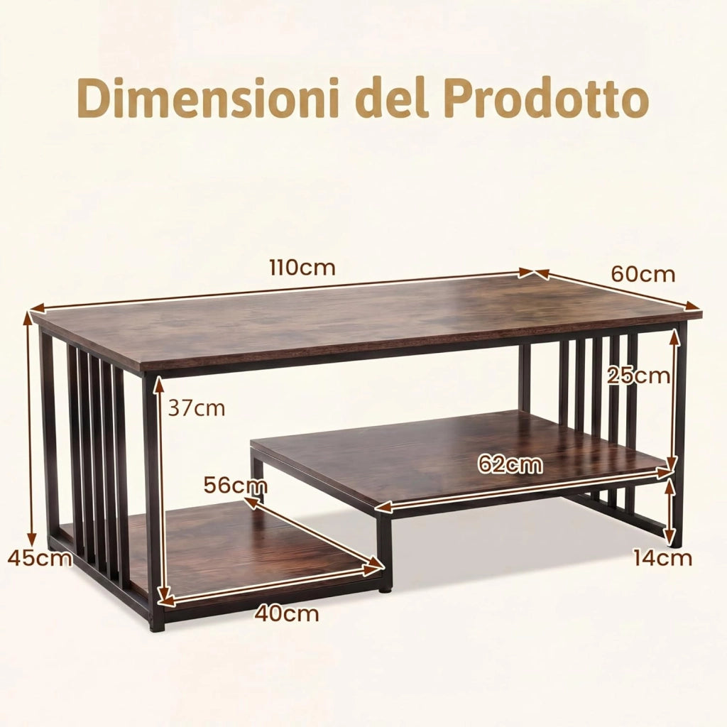 Tavolino Salotto Rettangolare, Tavolino da Salotto a 2 Livelli con Ripiano e Mensola Aperta, Gambe in Metallo Solido, Mobile Complementare per Salotto, Casa, Ufficio, 110 X 60 X 45 CM (Marrone)