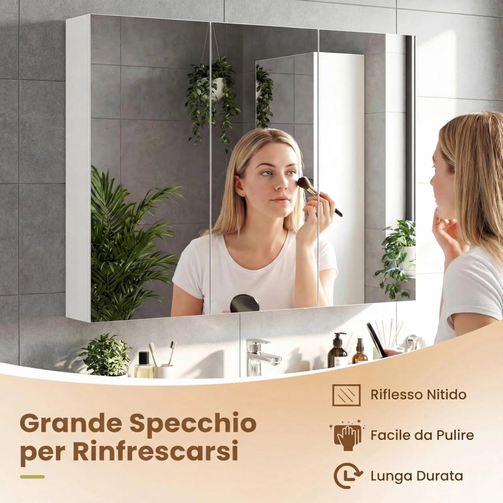 Specchio Bagno Contenitore, Mobiletto Salvaspazio da Parete con 3 Ante e 6 Scomparti, Superficie Effetto Legno e Struttura in Legno Robusta per Bagno e Soggiorno, 87 x 65 x 12,5 cm