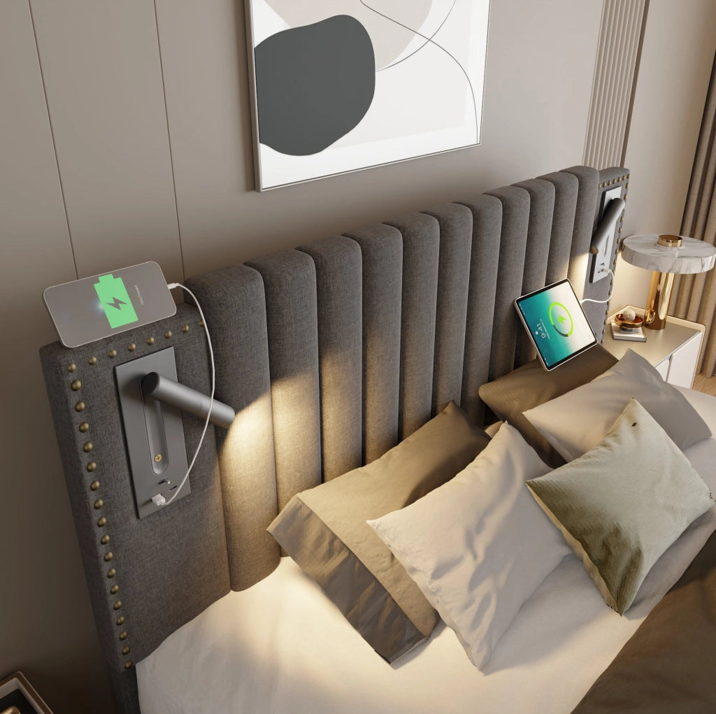 Letto 160x200 cm con contenitore, luci da lettura, USB e USB-C in cotone grigio con materasso
