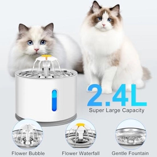 Fonte per animali da 2,4 litri - fonte d'acqua ultrapura con luce LED per animali domestici - sistema di filtrazione a quattro stadi, tre modalità di flusso d'acqua, con quattro filtri a carbone attivo
