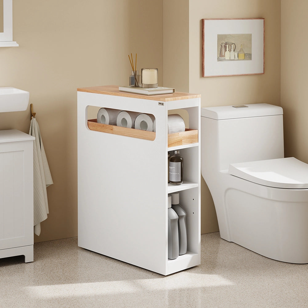 SoBuy | Mobiletto bagno salvaspazio bianco con 4 ruote | Mobile bagno con 3 cassetti | Cassettiera bagno a 2 ripiani | 23.2x65.3x82.0 cm | Capacità di carico 46 kg | BZR54-IV-WN