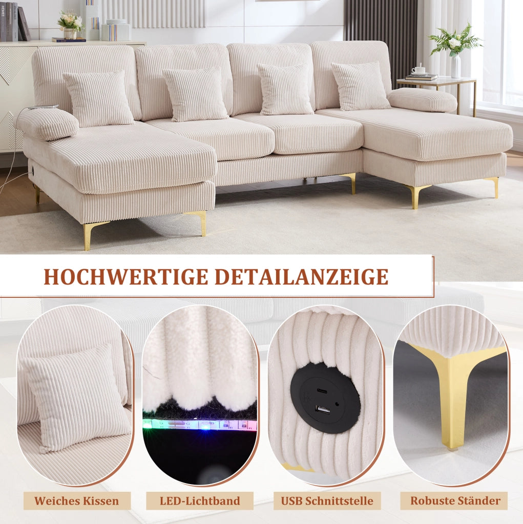 Divano a U in velluto beige con LED; porta USB e struttura in legno massiccio 265 cm