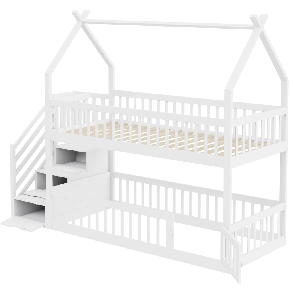 Letto a castello per bambini 90x200 cm in legno massello di pino con tetto; bianco