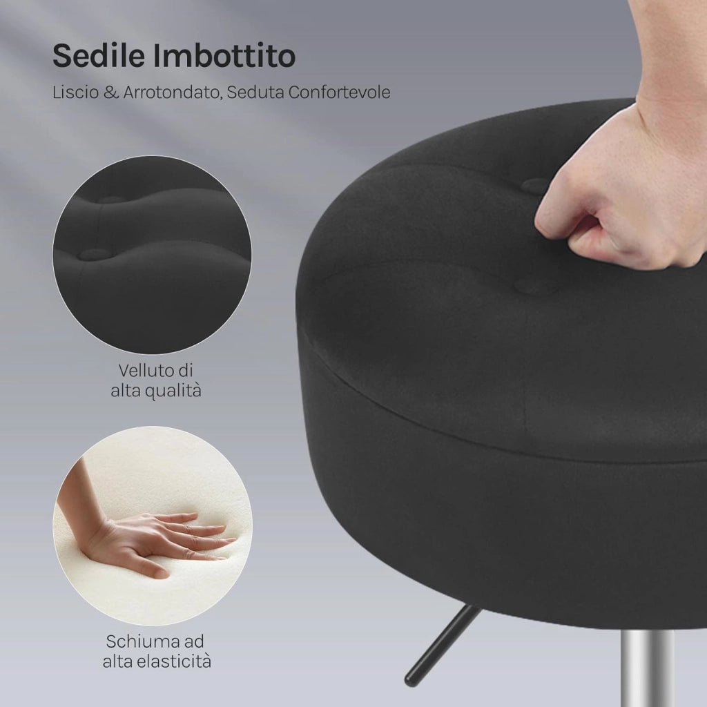 Set di 2 Sgabelli Piccolo da Bar in Velluto e Metallo, Sedia da Pranzo con Vano Portaoggetti, Sgabello Rotondo Girevole, Altezza Regolabile tra 49,5-65cm, Nero BH329sz-2