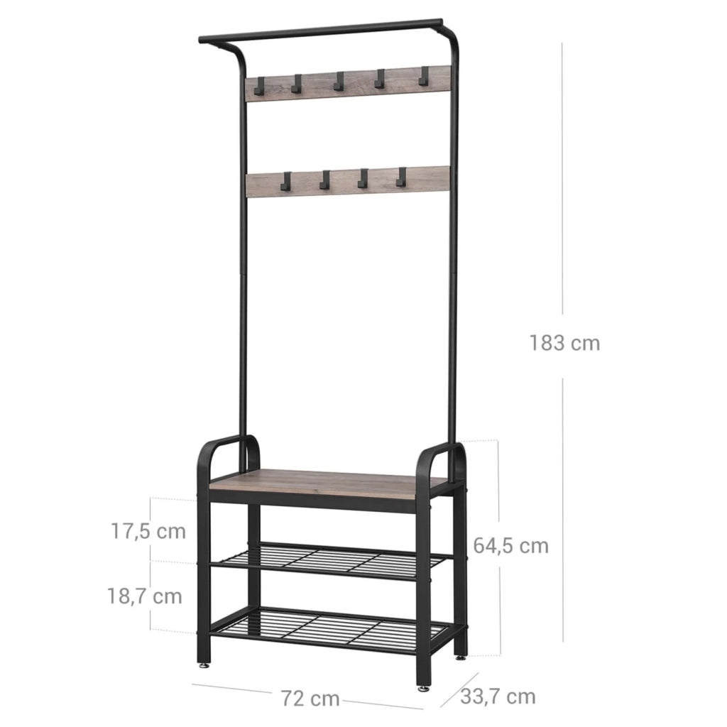 Appendiabiti guardaroba guardaroba ingresso con ganci removibili panca e scarpiera altezza 183 cm struttura in metallo stile industriale colore greige e nero 12_0003649