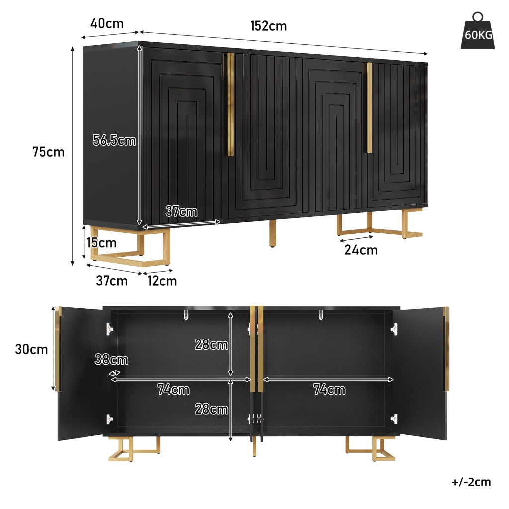 Credenza con 2 Ante e 4 Scomparti; Piedini Regolabili; per Sala da Pranzo in MDF 152×40×75 cm Nero
