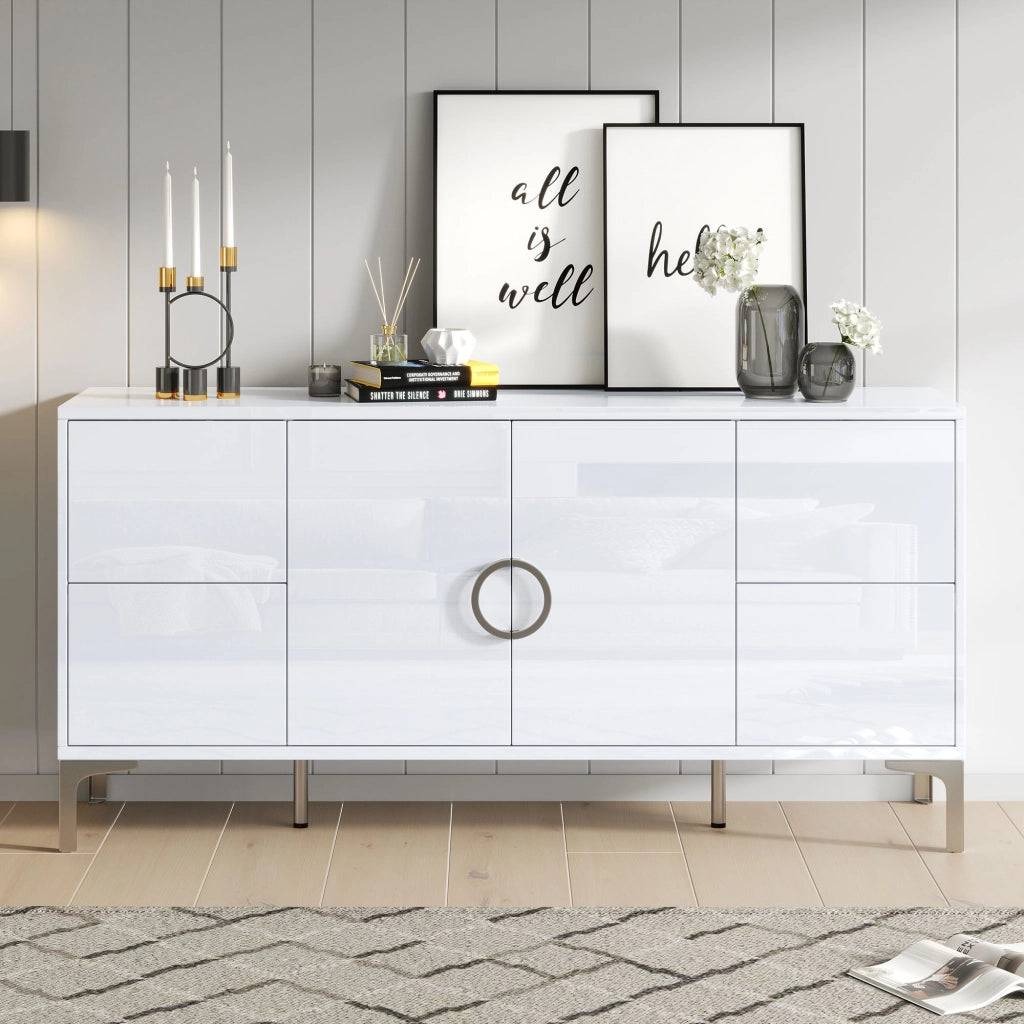 Sideboard 150 ¡Á 38 ¡Á 59,5 cm, bianco lucido, con 4 cassetti e 2 ante, struttura in MDF e piedi in metallo