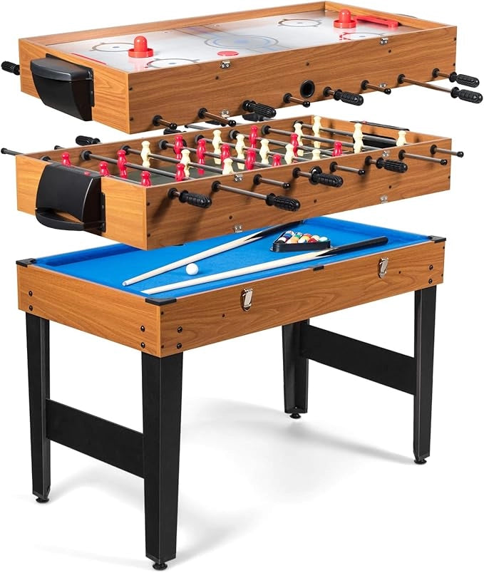 3 in 1 Tavolo da Gioco Multifunzionale, Tavolo da Biliardino con Calcetto Biliardo Hockey Scorrevole, Maniglia in Gomma, Struttura Stabile, per Casa Sala Giochi, 122x58x83 cm
