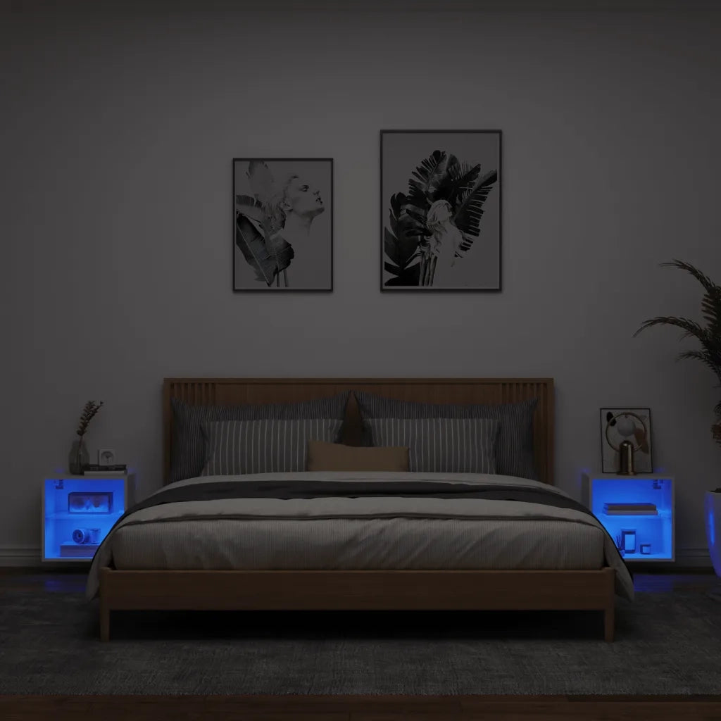 Set di 2 Comodini | Armadio da Notte | Mobiletto da notte con Luci LED a Parete Bianchi