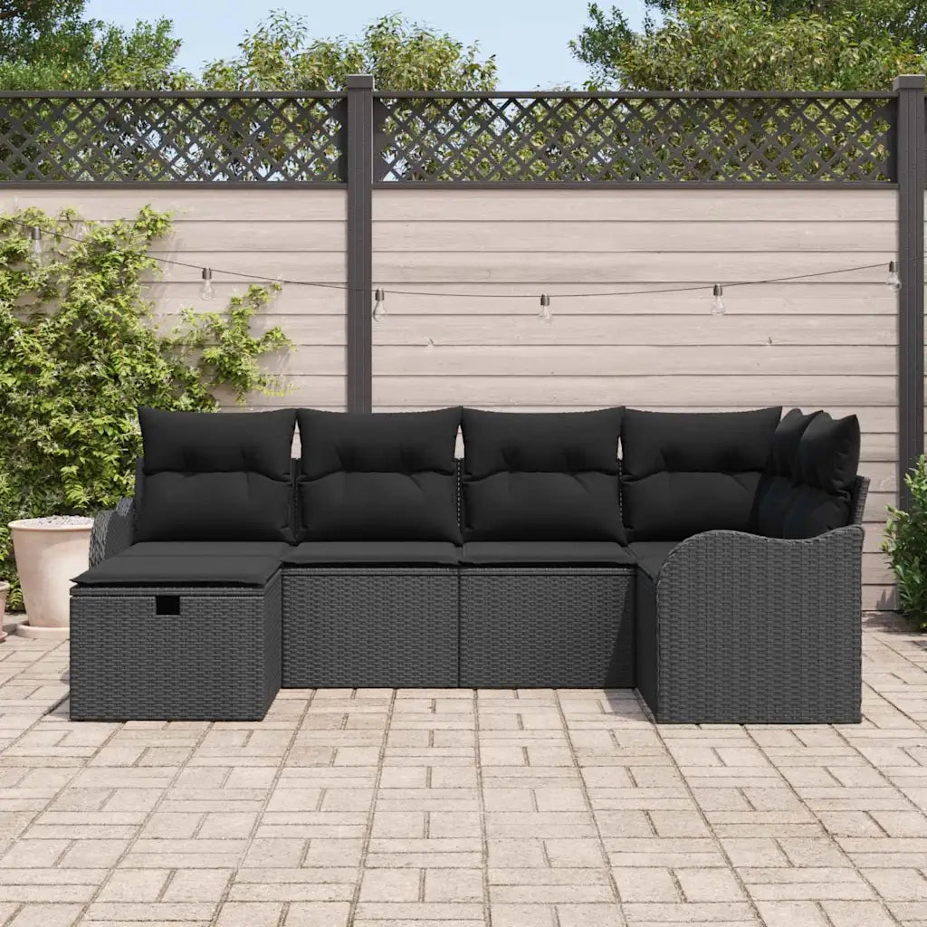 Set Divano da Giardino con cuscino 6 pcs Nero Poly Rattan