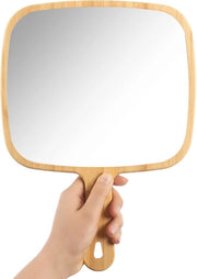Specchio da mano in bambù naturale con manico, specchio da viaggio unico uso per uomo e donna, 22,6 cm B x 31,5 cm L