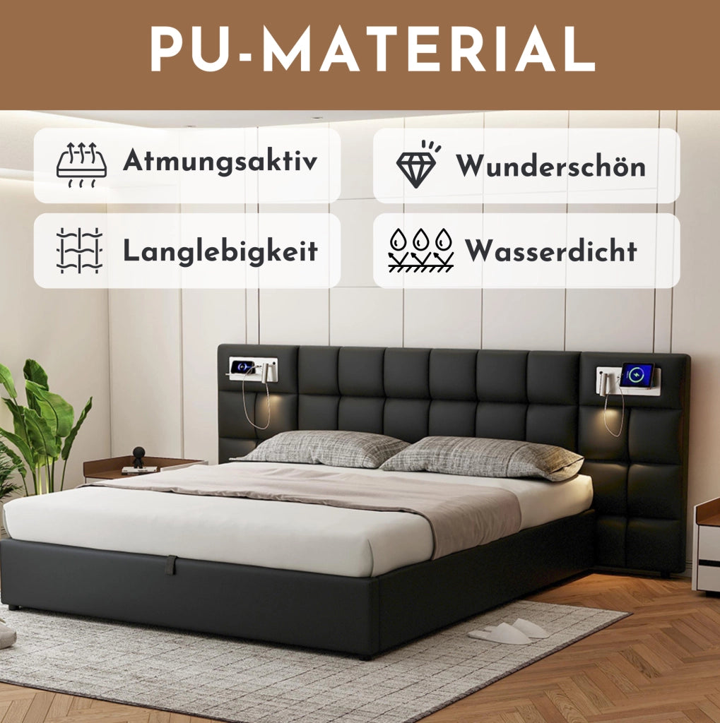 Letto imbottito nero con contenitore, USB e ricarica wireless 180 x 200 cm