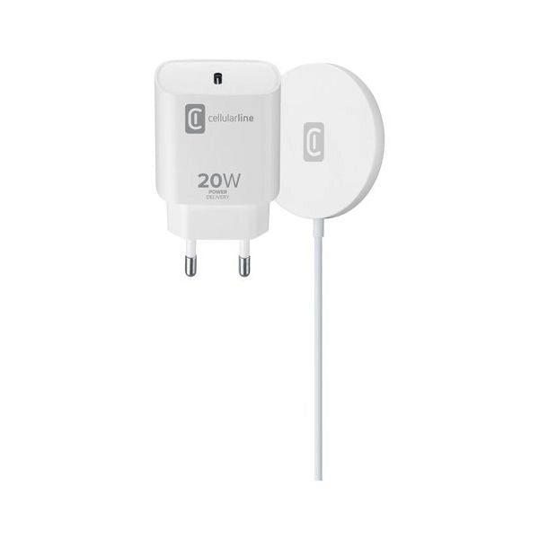 Cellularline mag kit wireless charger - iphone 12 and later base di ricarica wireless magnetica per sistema magsafe e alimentatore usb-c 20w - MAGSFWIRACHKITW