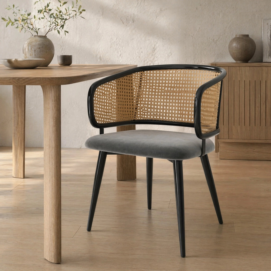 SEDIA da pranzo 47x51x79 cm in velluto grigio con schienale in rattan