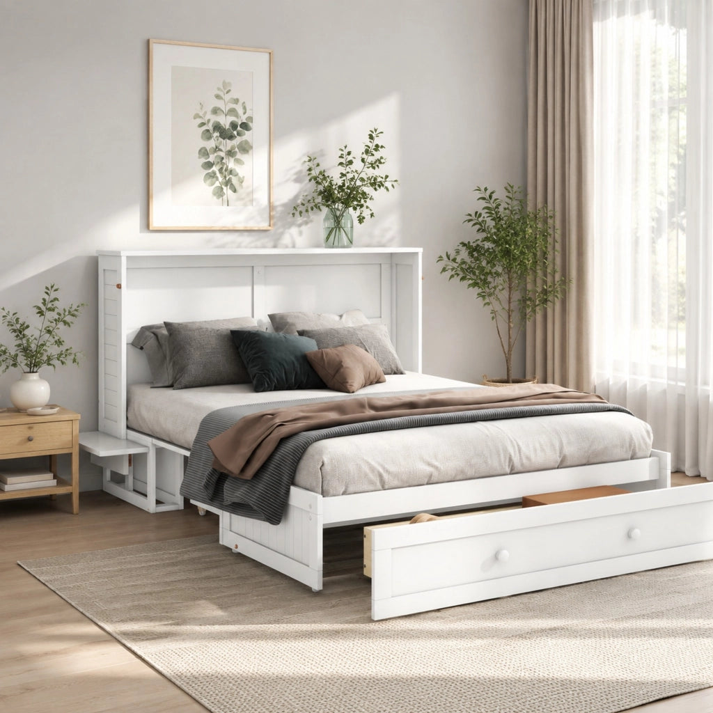 LETTO A SCOMPARSA 140x200 cm Bianco in pino e MDF con cassetto e ripiani
