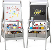 3 in 1 Cavalletto per Bambini, Cavalletto con Doppia Faccia Magnetica e Lavagna Bianca, Rotolo di Carta, 3 Bicchieri per Vernice e 2 Ceste in Tessuto, per Bambini 3-6 Anni (Grigio)