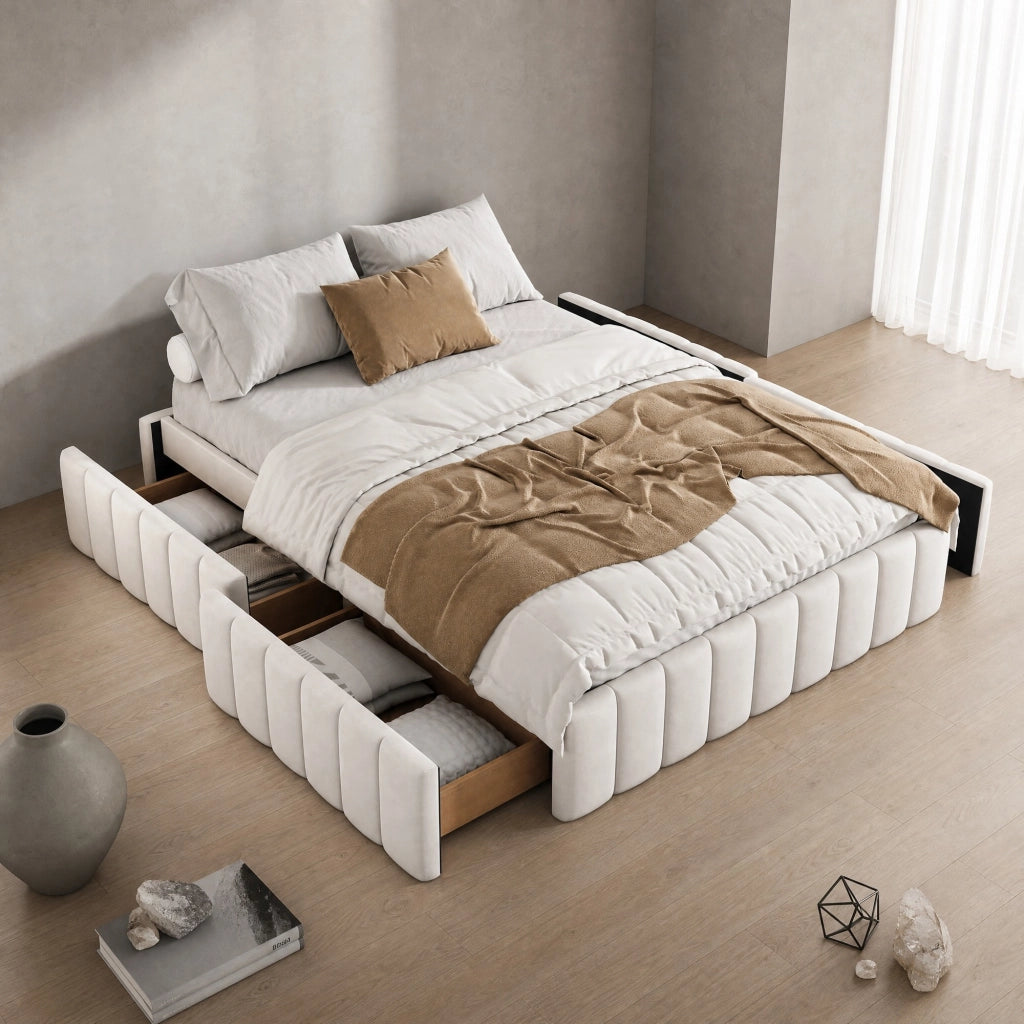 Letto imbottito 140x200 cm in velluto beige con 4 cassetti