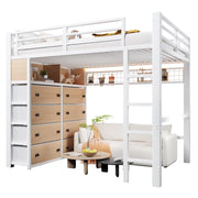 LETTO a soppalco 140x200 cm in metallo e MDF bianco con 8 cassetti e LED