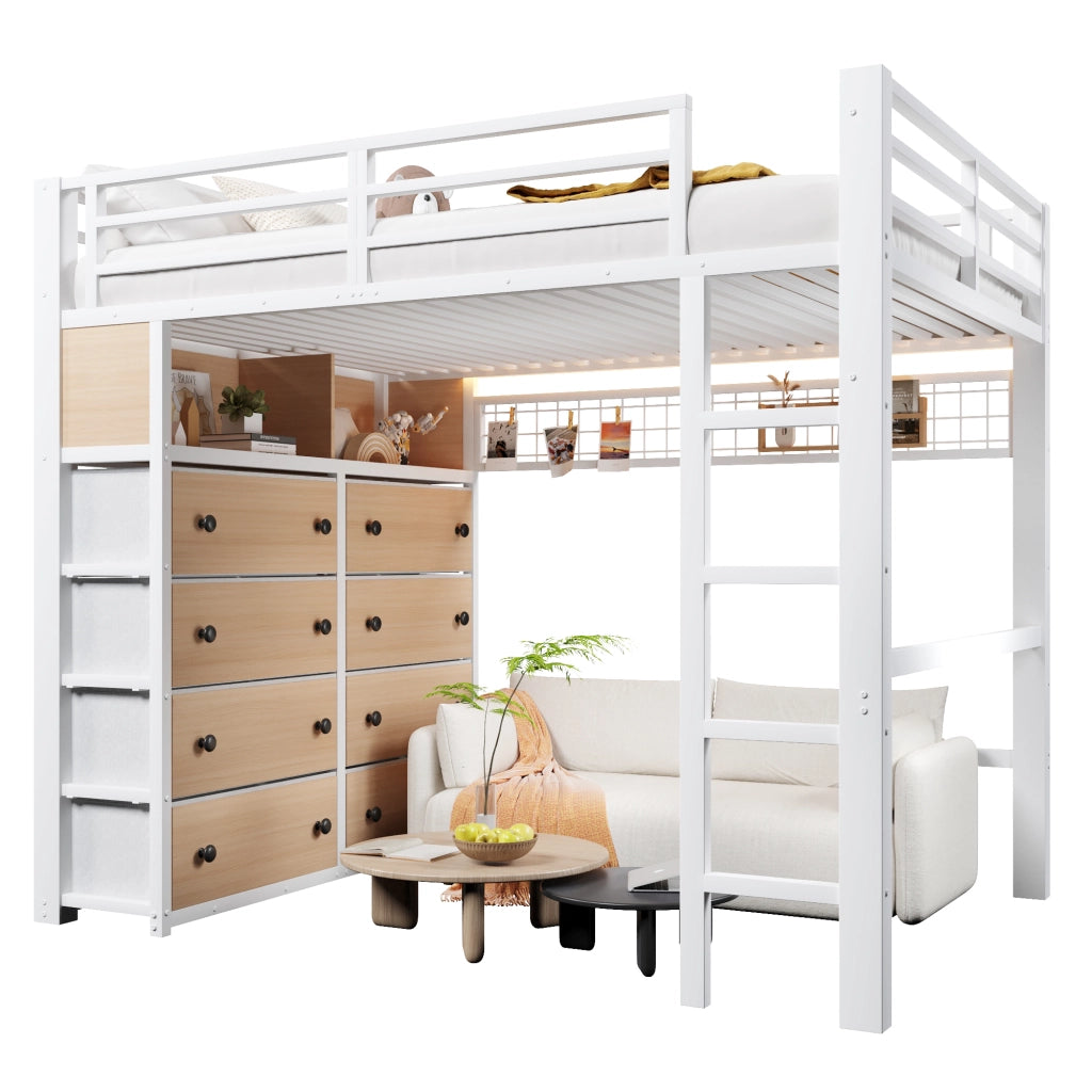 LETTO a soppalco 140x200 cm in metallo e MDF bianco con 8 cassetti e LED