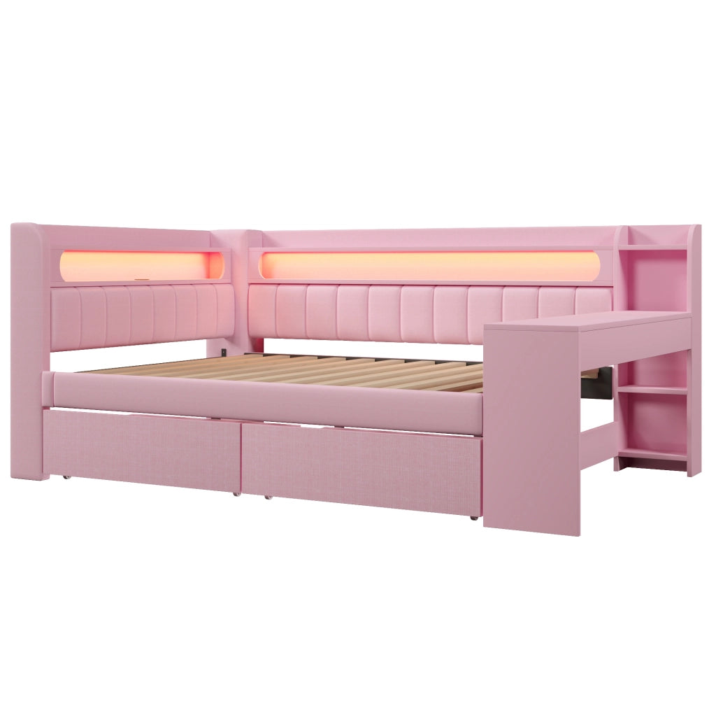 LETTO 140x200 cm Rosa con scrivania, 2 cassetti, USB e LED