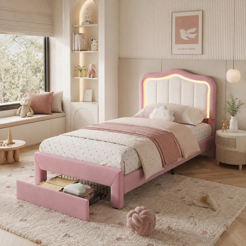 Letto imbottito per bambini 90 x 200 cm con cassetto e LED; velluto rosa