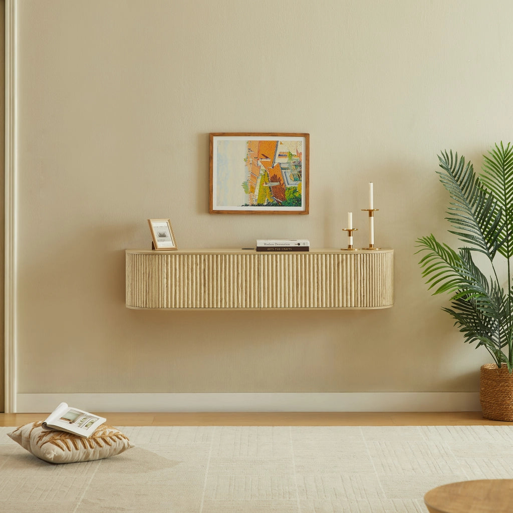 Mobile porta TV sospeso con 2 ante, passacavi e angoli arrotondati, in truciolare e MDF, naturale, 140 × 32 × 30 cm