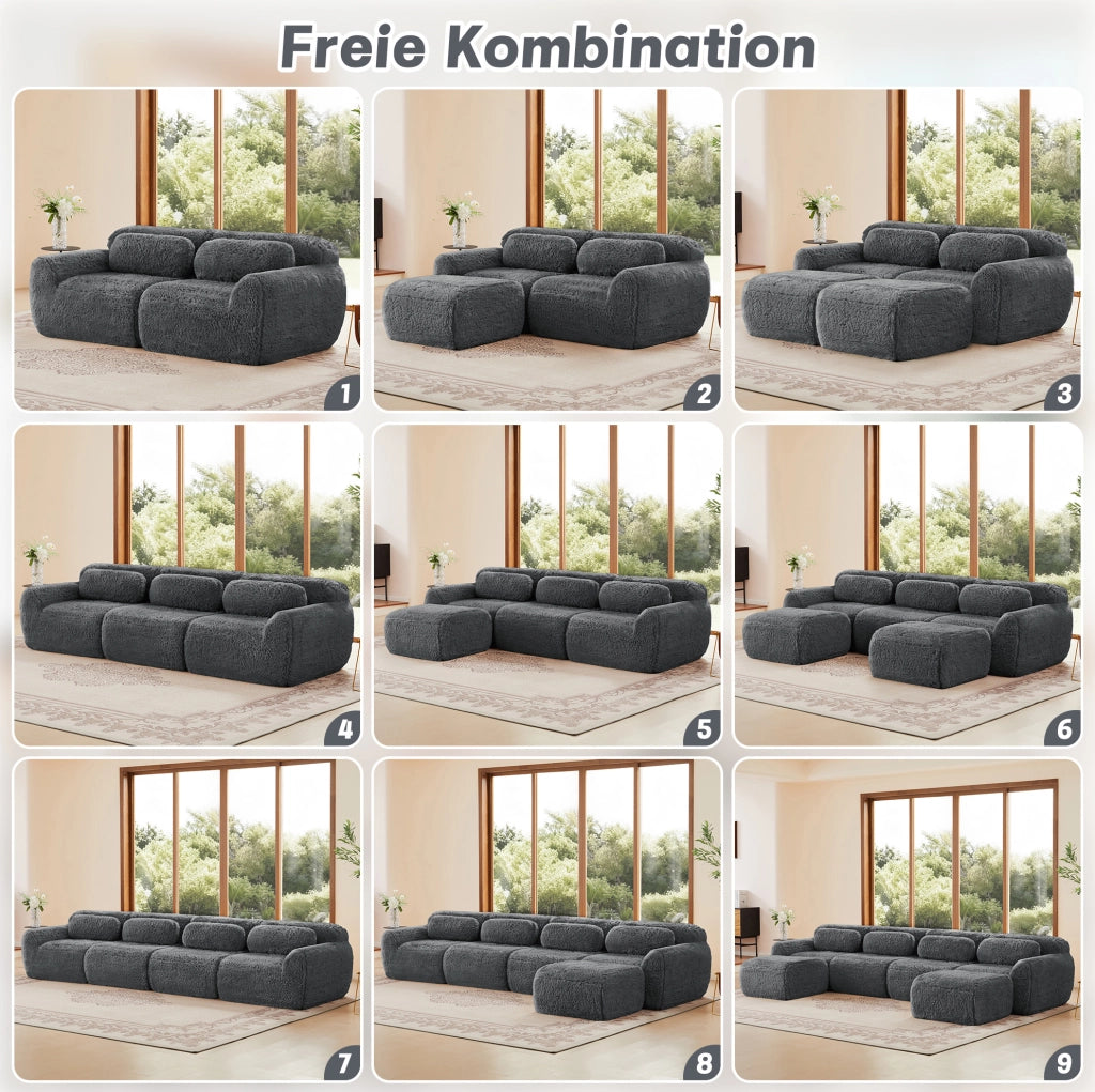 Divano modulare senza struttura in tessuto plush; 291×179×73 cm; grigio