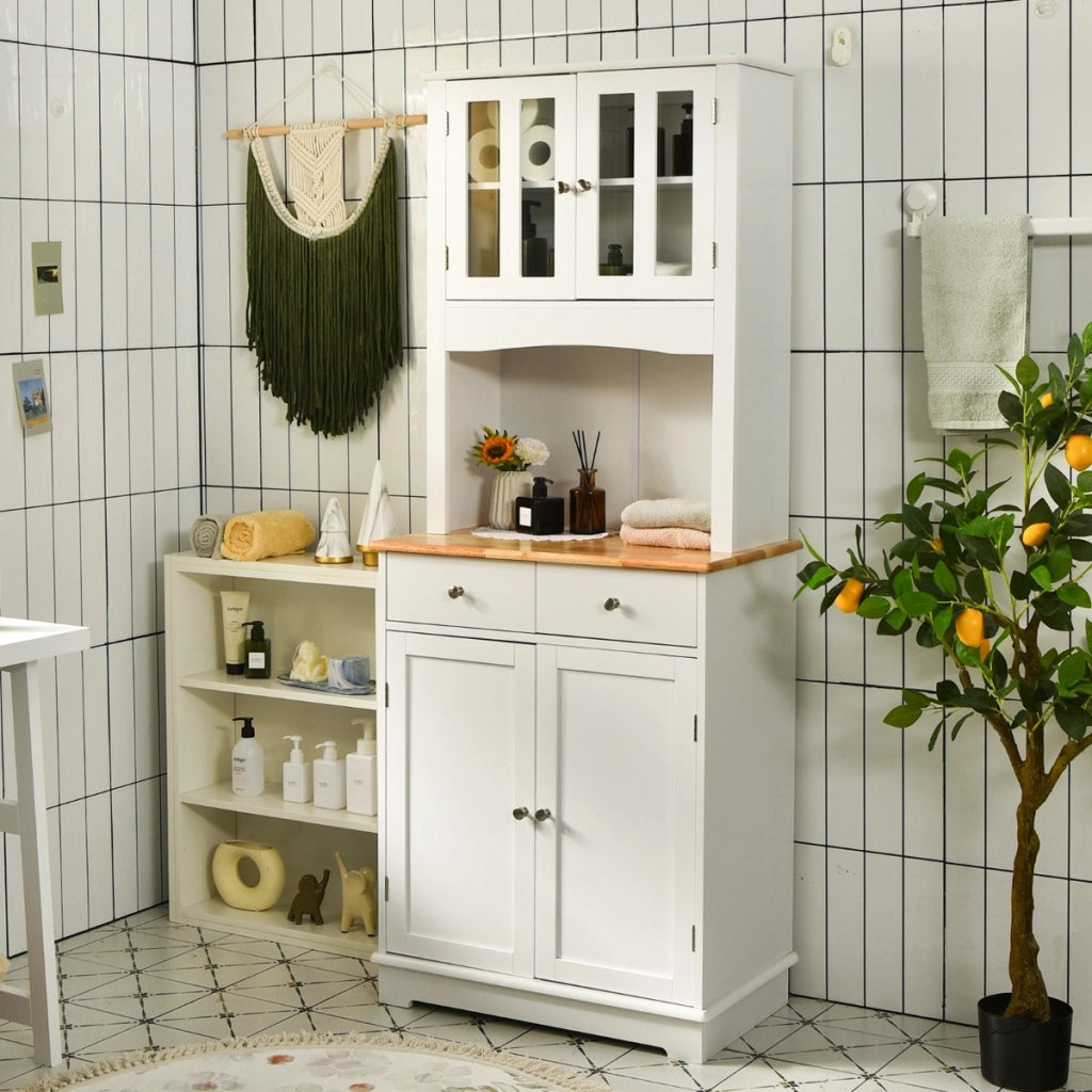Mobile dispensa da cucina autoportante con piano in legno regolabile-Credenza e 2 cassetti con ante in vetro Bianco