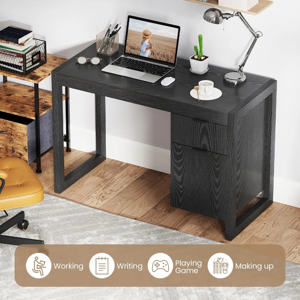 Scrivania per Computer, Scrittoio per Studio Moderno con Cassetto e Armadietto Spazioso in Legno Solido, per Ufficio/Casa, Portata di 70kg, 112,5x 50x75cm, Bianco (Nero)