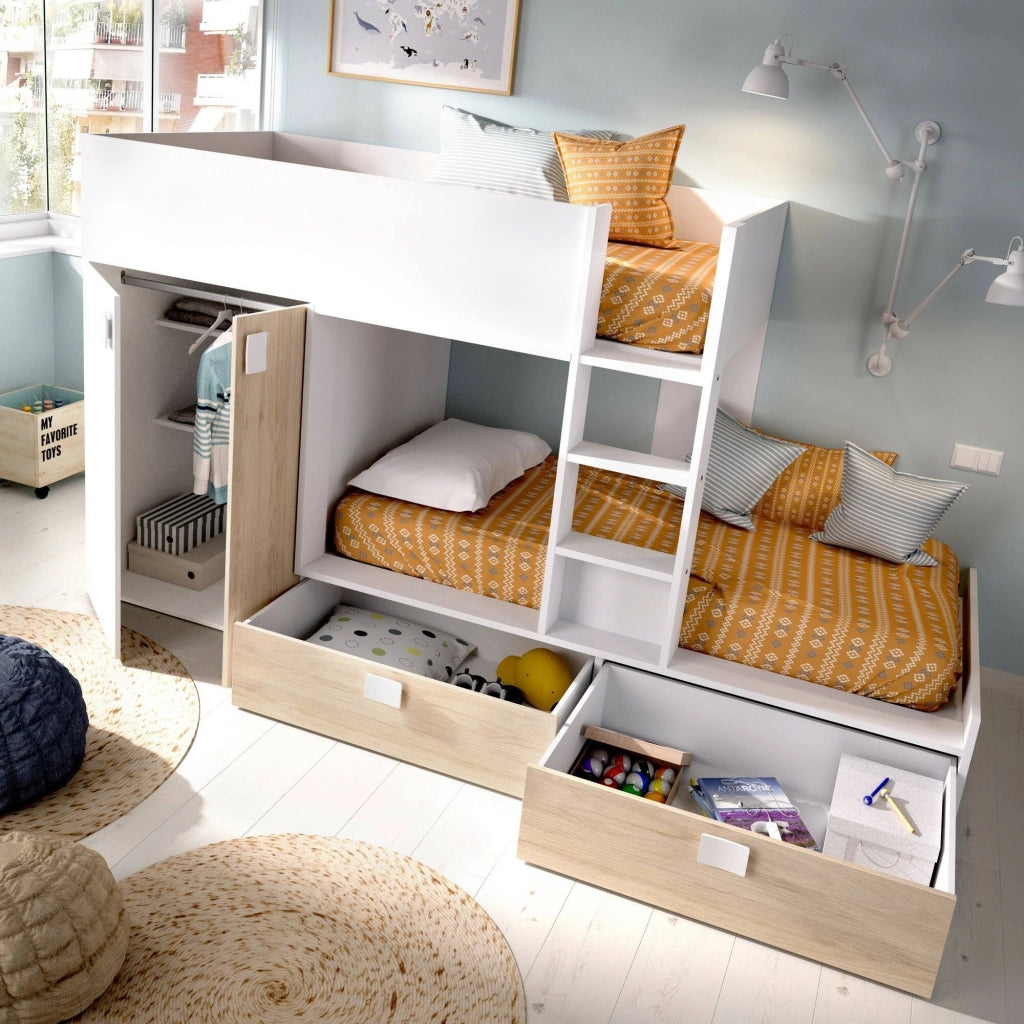 Letto per bambini Acerola, Cameretta completa con armadio e cassetti, Composizione letto a castello con due lettini singoli, 275x108h150 cm, Bianco e Rovere