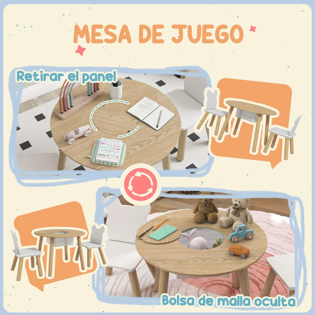 Set Tavolo e 2 Sedie Bambini ¨C Xylo ¨C Legno Rosa con Schienale Forma Orso e Cassetto