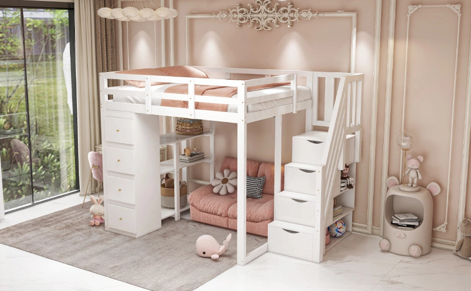Letto a soppalco in legno massiccio 140x200 cm con cassetti e scala di sicurezza bianco