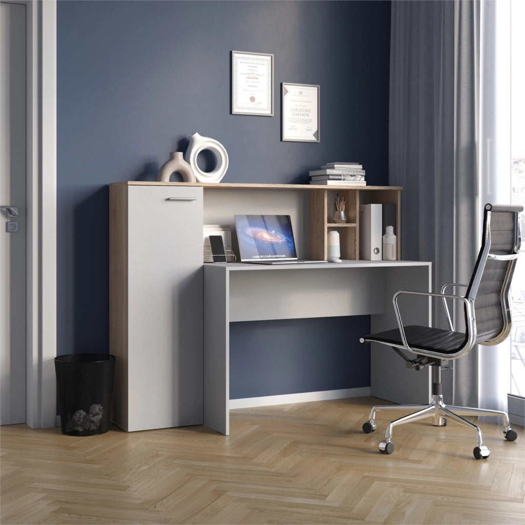 Scrivania FAUSKE - Spaziosa - Con Armadietto - Rovere Sonoma - Bianco - Larghezza 153 cm, Altezza 116 cm, Profondit? 54 cm