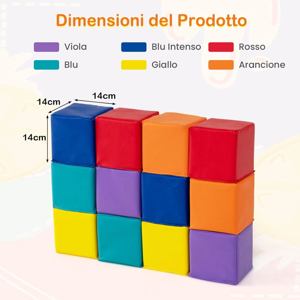 Set di 12 Blocchi da Costruzione in Schiuma EPE, Cubi Colorati 14 x 14 cm con Copertura in Finta Pelle Impermeabile, Blocchi Morbidi per Bambini per Impilare e Arrampicarsi (Rosso e Giallo)